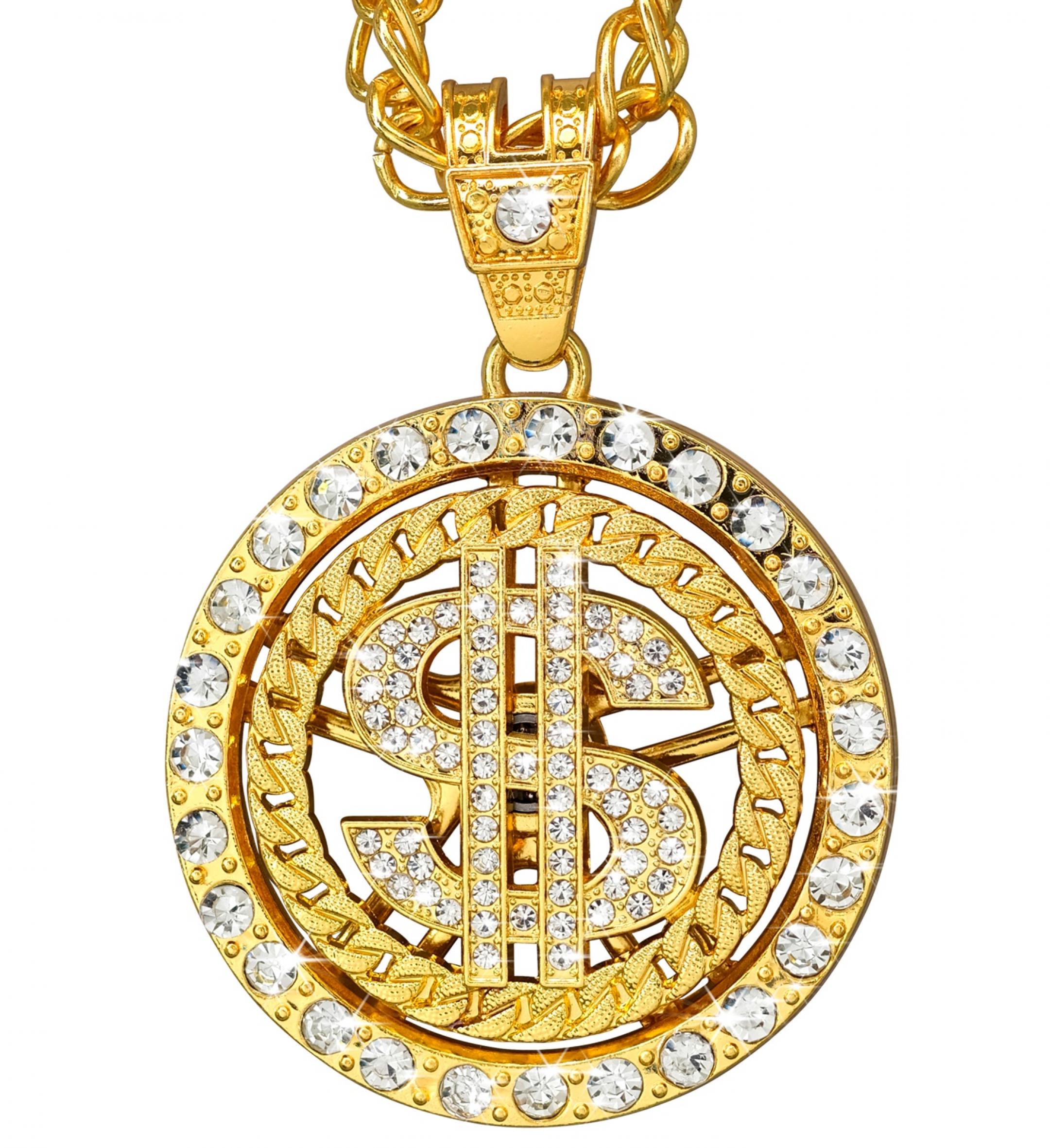 Collier dollar couleur or strass rond centre tournant