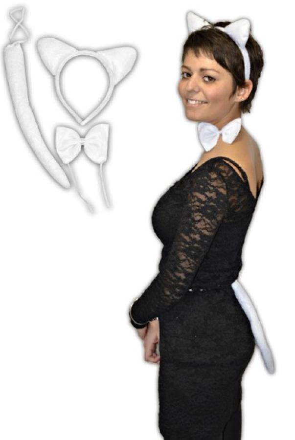 Set chat blanc avec oreilles queue et noeud papillon