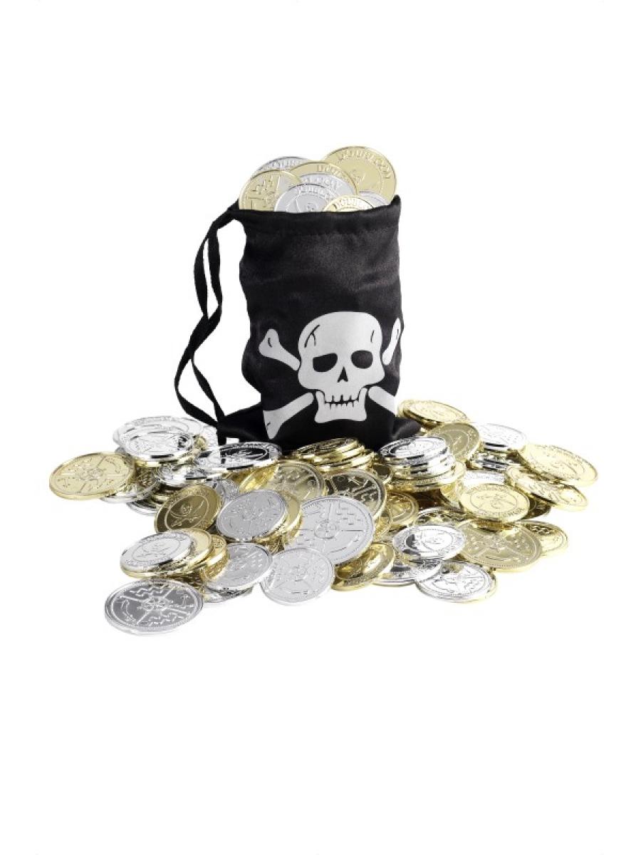 Bourse de pirate avec pièces or et argent