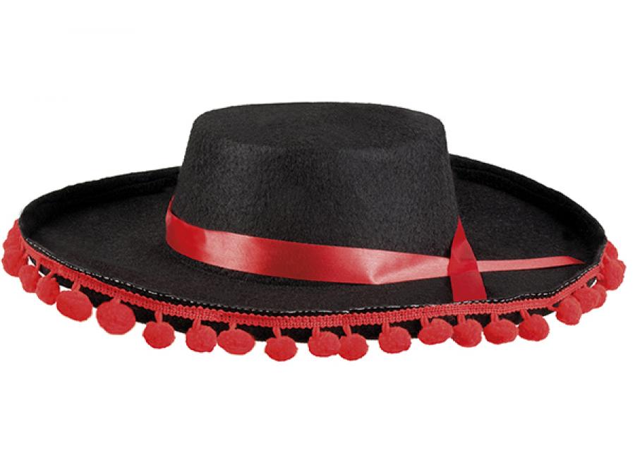 Chapeau espagnol avec pompoms rouges