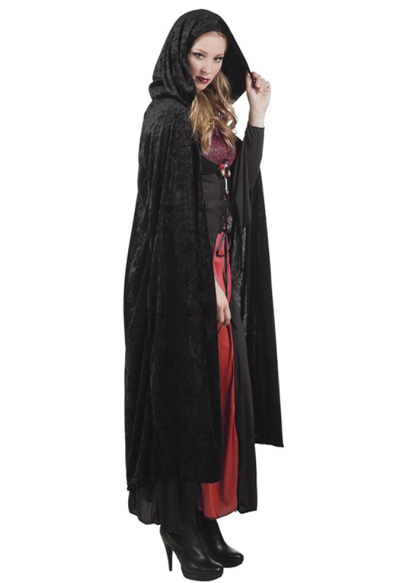 Cape noire à capuche aspect velours 170 cm
