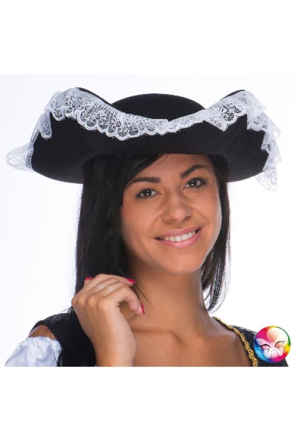 Tricorne noir dentelle blanche