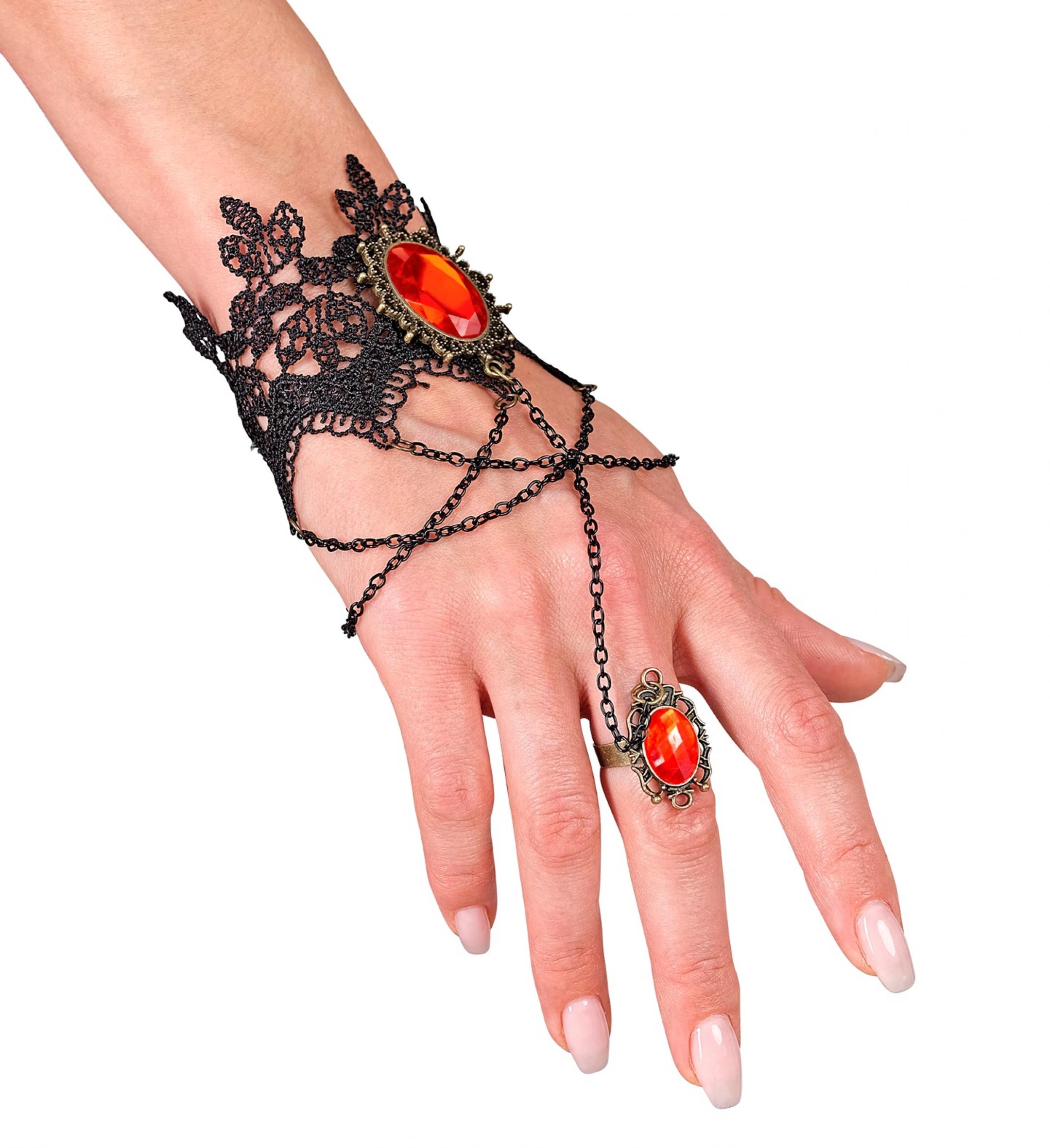 Bracelet gothique en dentelle avec bagues et pierres rouges