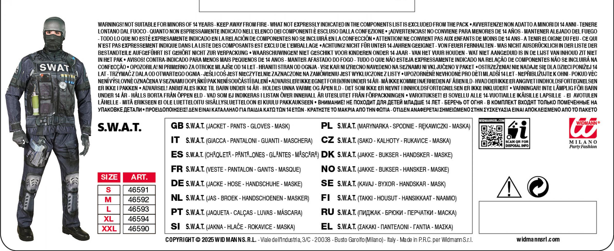 Déguisement effet réaliste policier SWAT imprimé Fast Costume intégral taille S