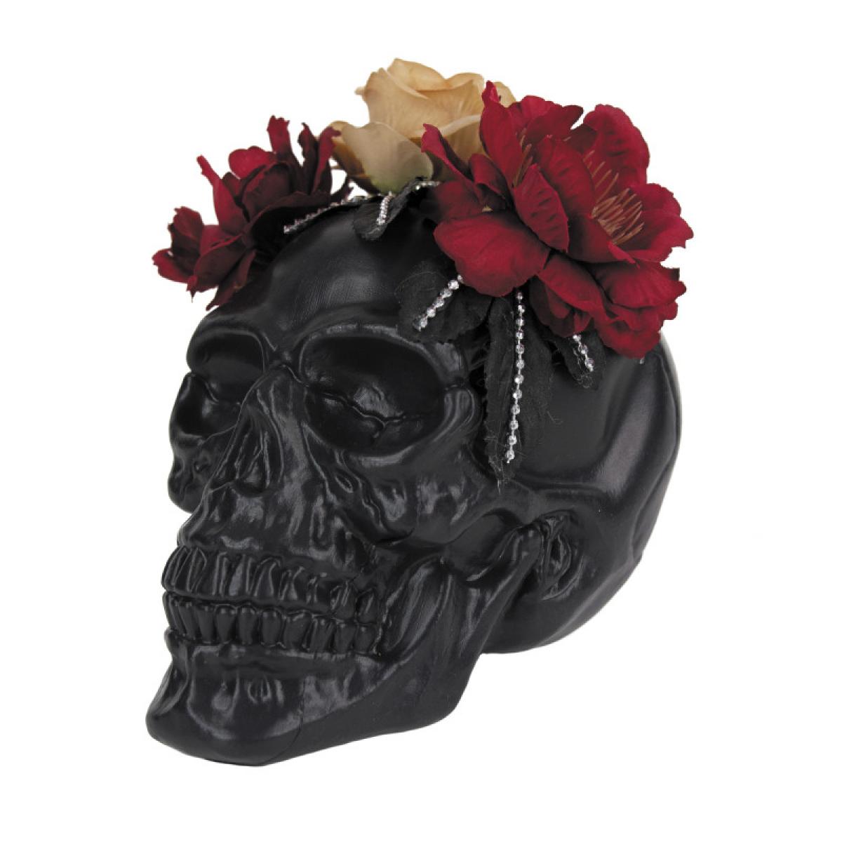 Crâne tête de mort noir avec fleurs