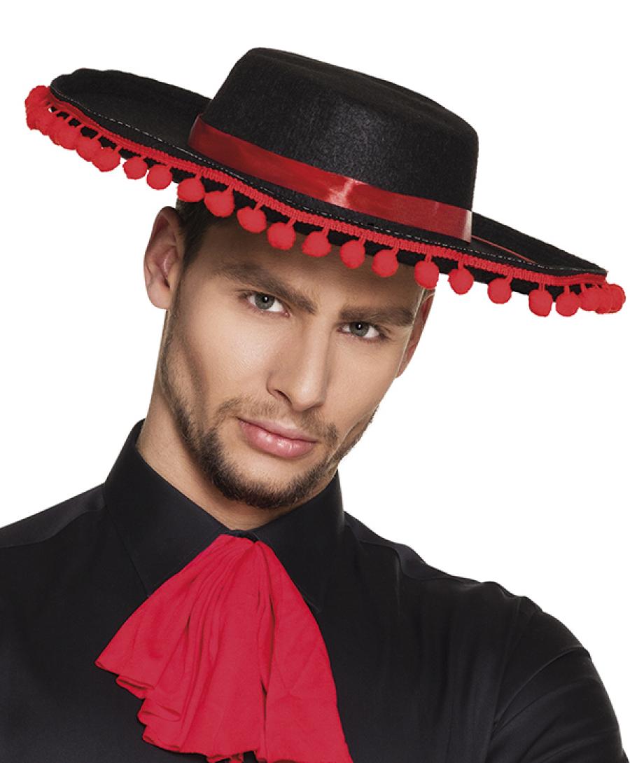 Chapeau espagnol avec pompoms rouges
