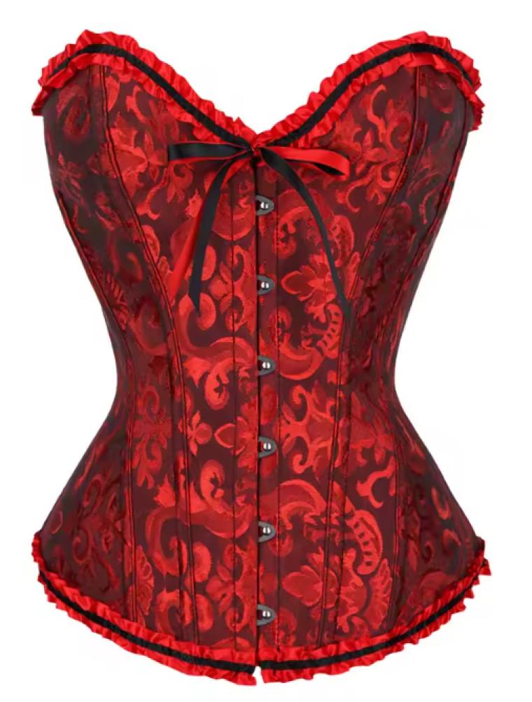 Corset bustier rouge sombre à agrafes et lassets gothique à motifs taille L