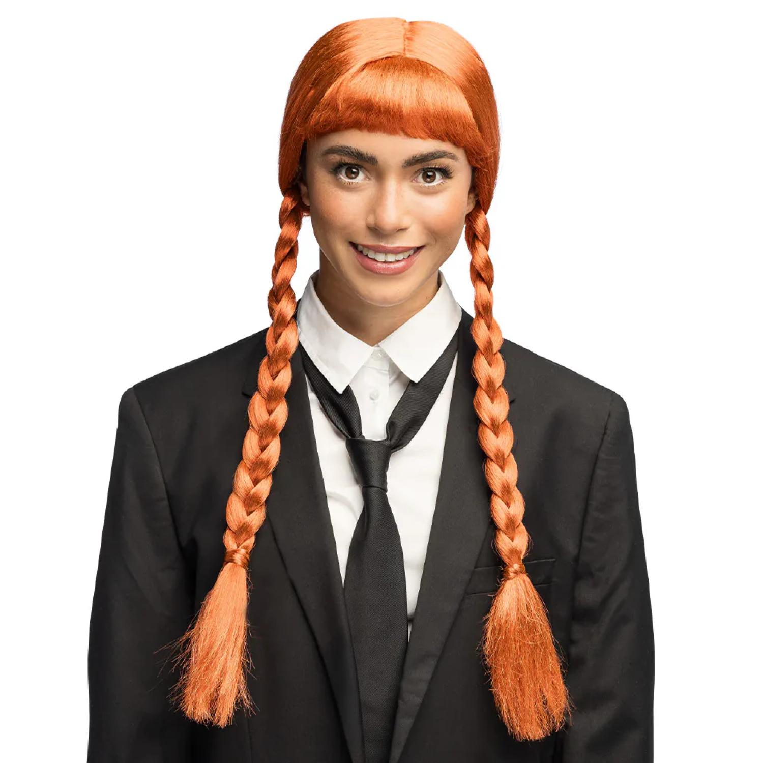 Perruque rousse à 2 tresses et franges
