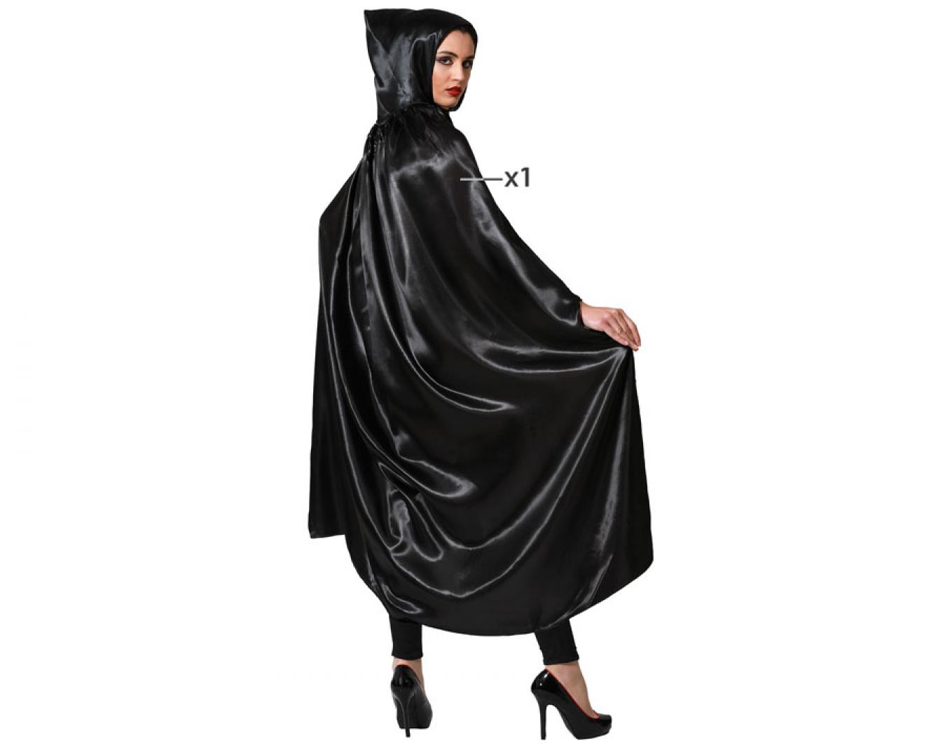 Cape à capuche noire effet satiné 140 cm