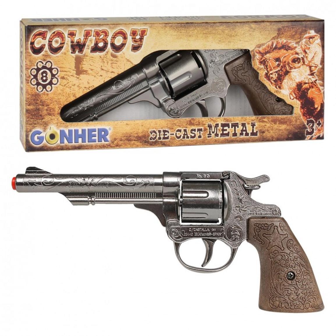 Révolver pistolet cow-boy métal Gonher argent 20cm 8 coups
