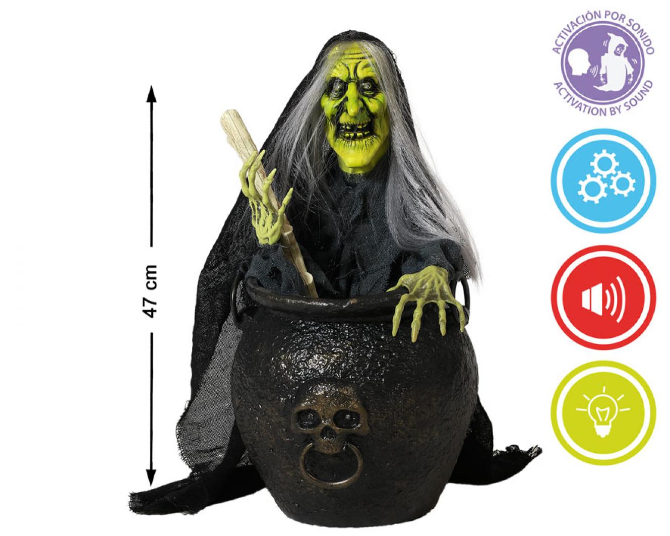 Décoration animatronic sorcière remuant son chaudron lumineux sonore animé