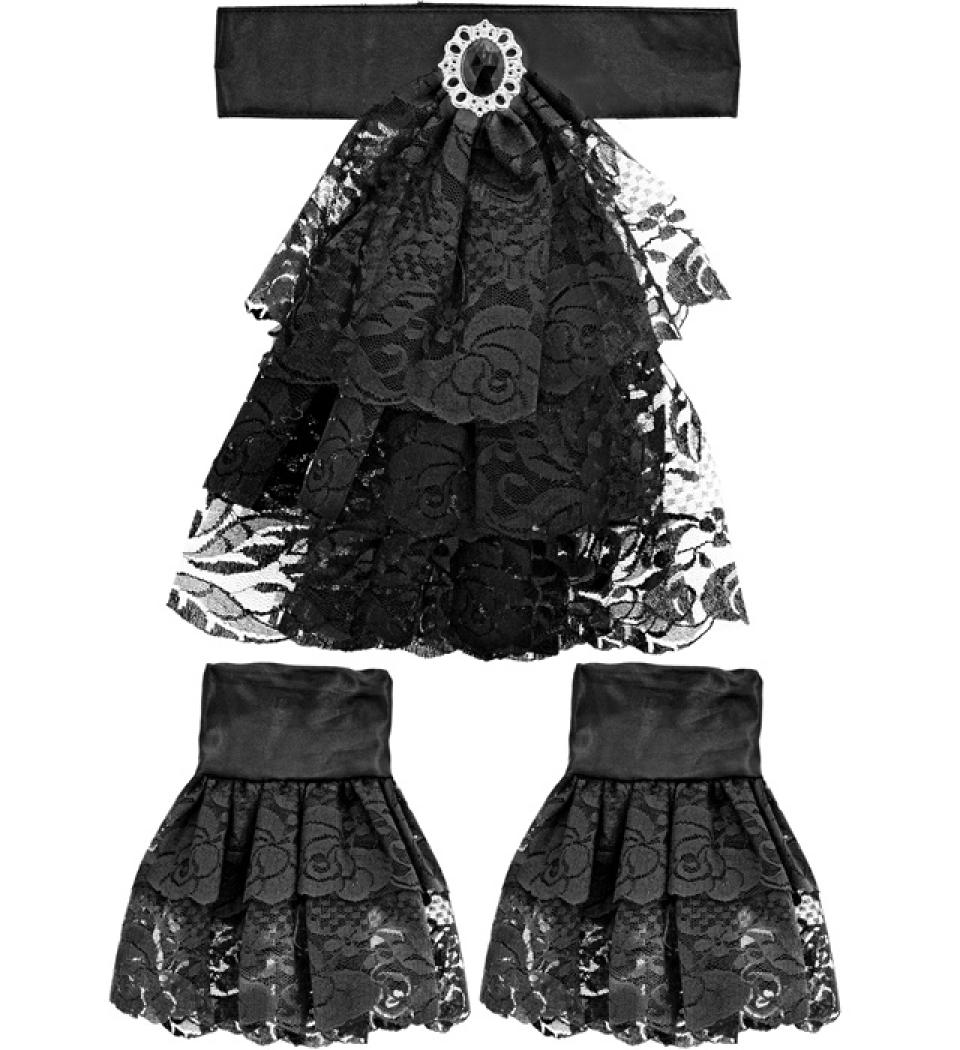 Jabot noir en dentelle avec pierre noire et poignets en dentelle