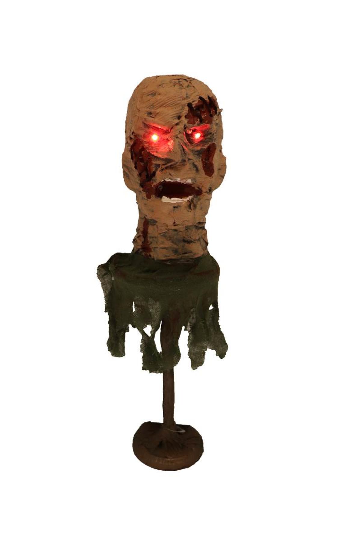 Tête de zombie yeux lumineux sur pied 55cm