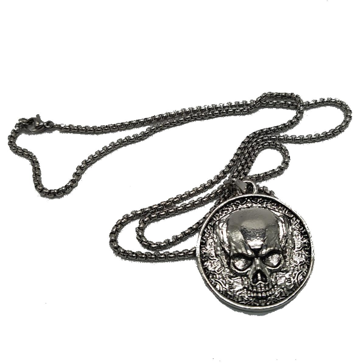Collier pirate tête de mort double face métal