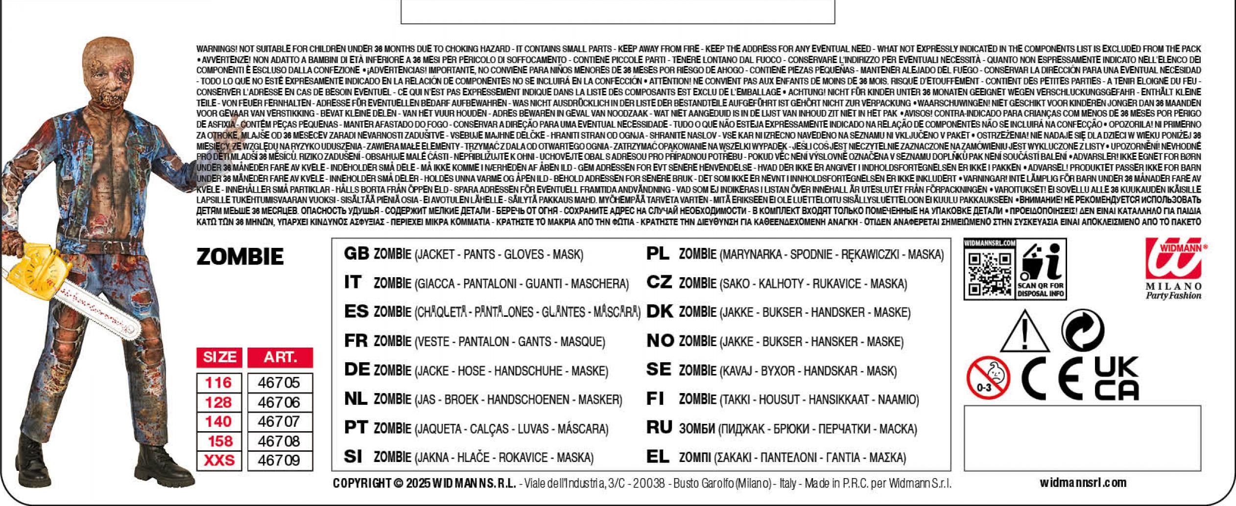 Déguisement effet réaliste zombie imprimé Fast Costume intégral taille 4/5 ans