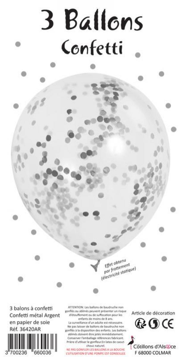 Sachet 3 ballons confettis couleur argent