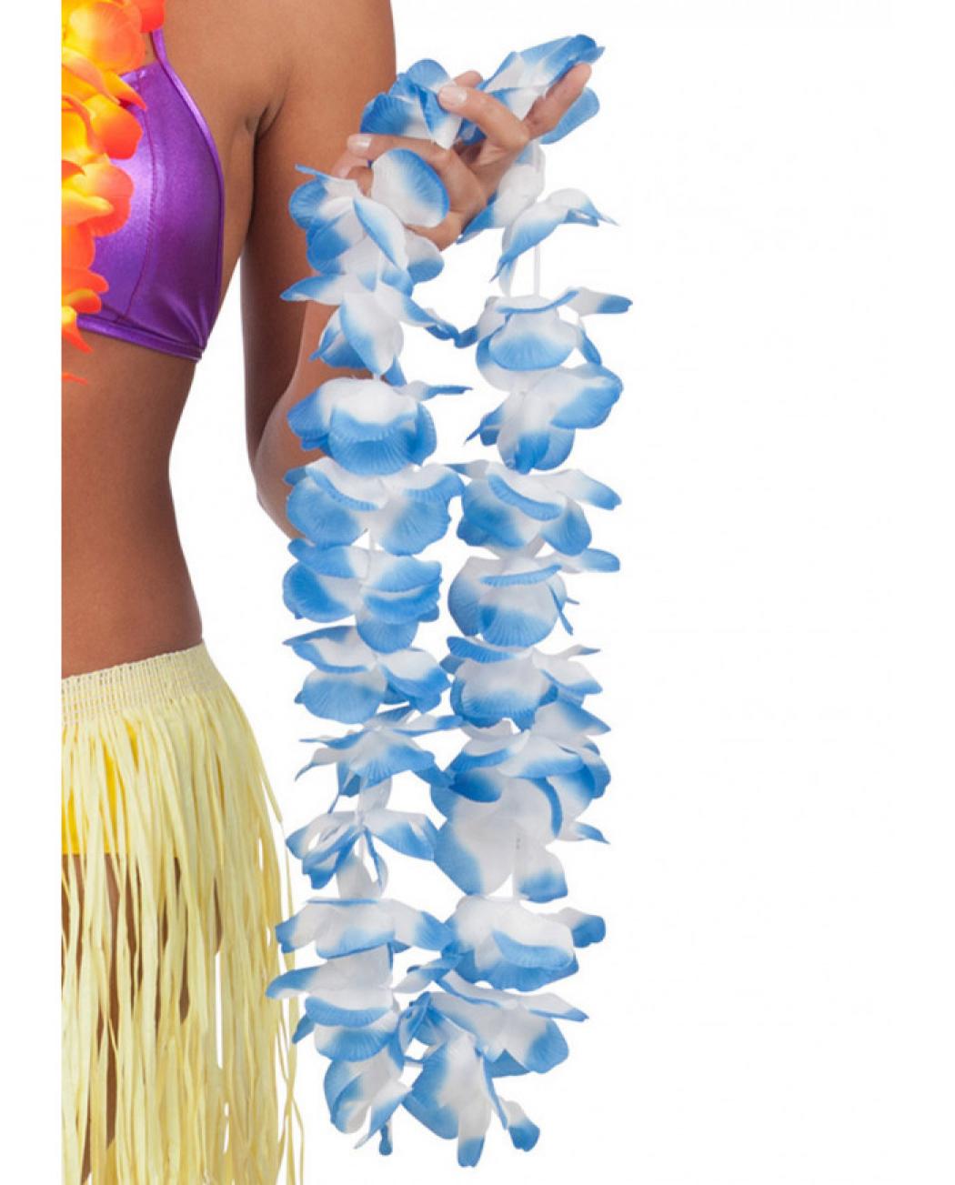 Collier hawai fleurs bleues et blanches