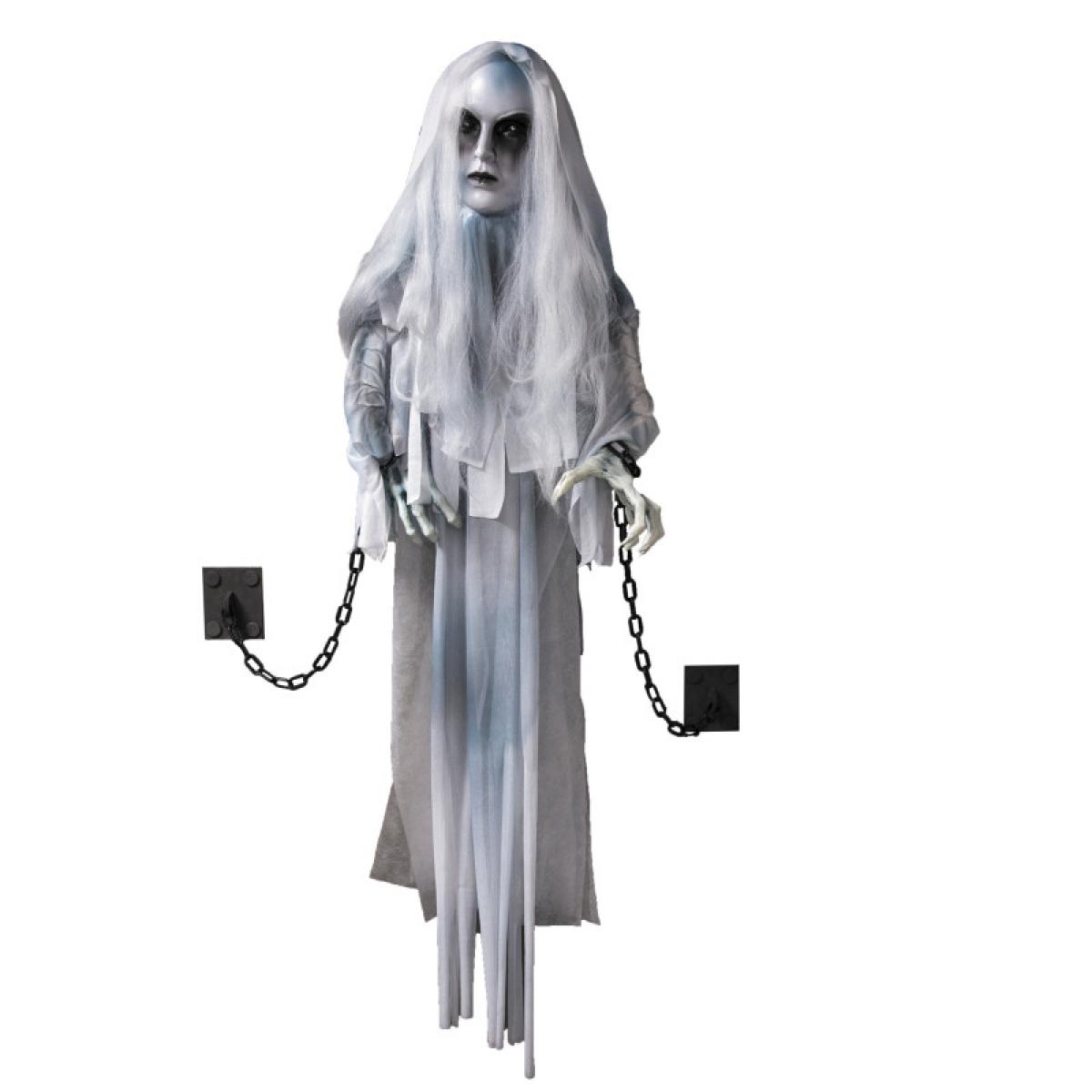 Automate dame blanche rieuse, animée, lumineuse 130cm