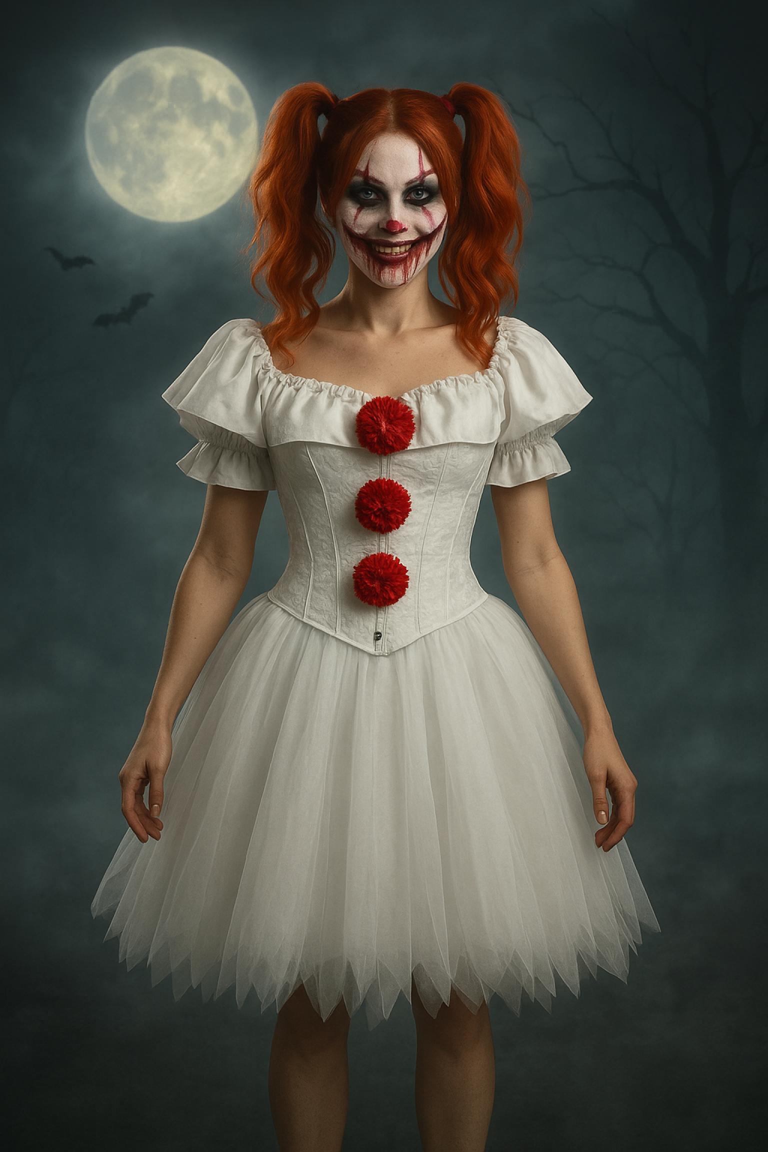 Clownette terrifiante blanche à pompoms rouges corset et tutu taille L