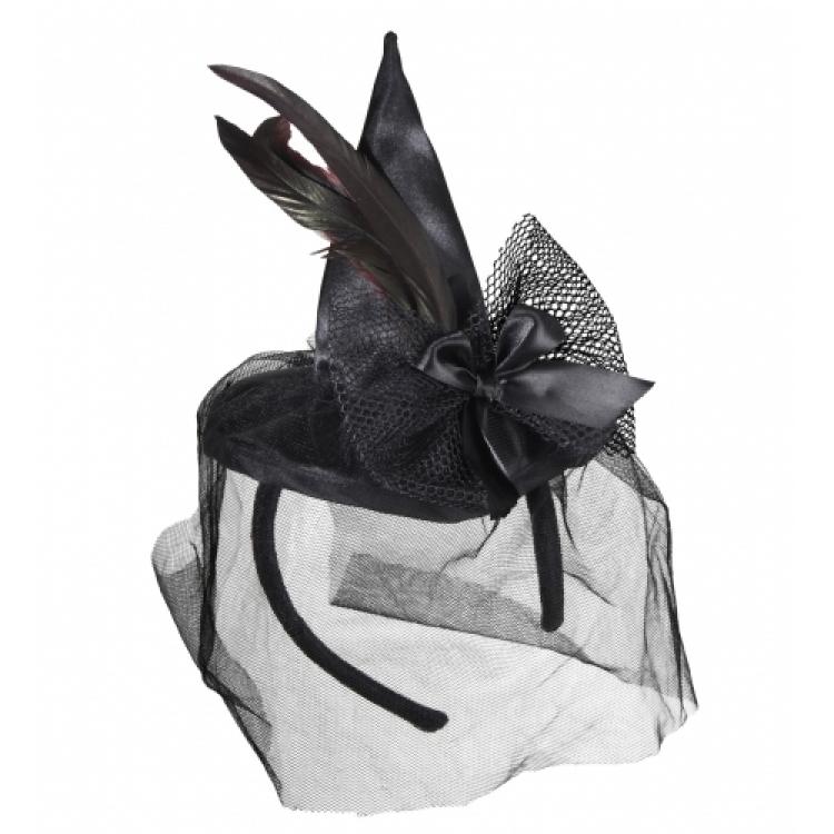 Serre-tête noir sorcière plume tulle et noeud