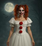 Clownette terrifiante blanche à pompoms rouges corset et tutu taille L