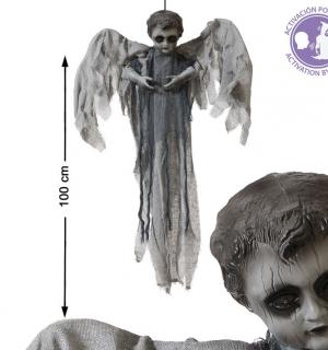 Ange Chérubin gris 100cm lumineux, sonore et animé avec ailes mobiles