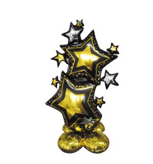 Ballon mylar aluminium sur pied étoiles or et argent 80cm
