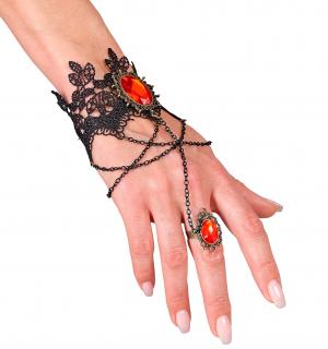 Bracelet gothique en dentelle avec bagues et pierres rouges
