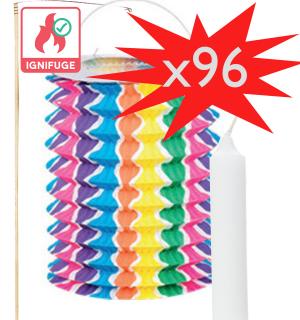 Lot 96 lampions multicolores avec bougies cire et porte-lampions